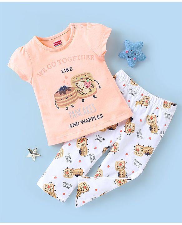 Babyhug Cotton Knit Half Sleeves Nightsuit With Pancake & Waffles Print - Peach & White