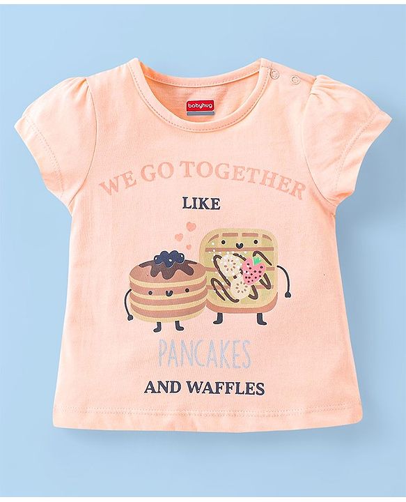 Babyhug Cotton Knit Half Sleeves Nightsuit With Pancake & Waffles Print - Peach & White