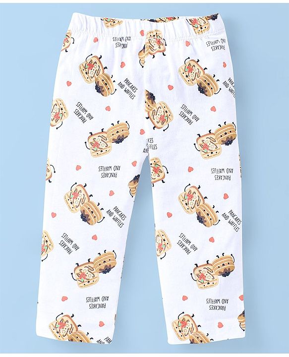 Babyhug Cotton Knit Half Sleeves Nightsuit With Pancake & Waffles Print - Peach & White