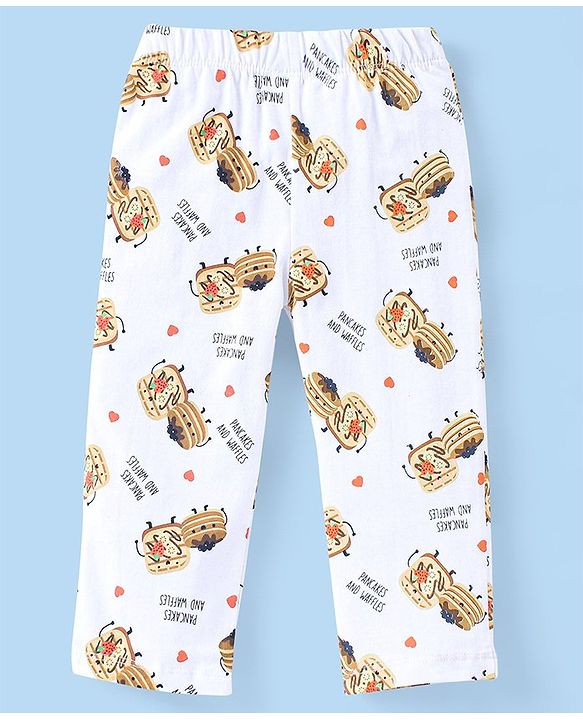 Babyhug Cotton Knit Half Sleeves Nightsuit With Pancake & Waffles Print - Peach & White