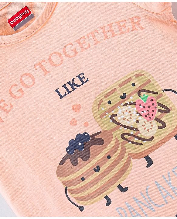 Babyhug Cotton Knit Half Sleeves Nightsuit With Pancake & Waffles Print - Peach & White