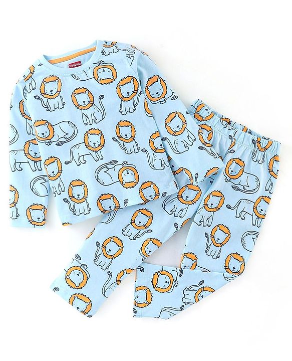 Babyhug Cotton Full Sleeves Night Suit Lion Print - Blue