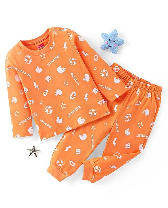 Babyhug Cotton Knit Full Sleeves Night Suit with Sports Print - Orange