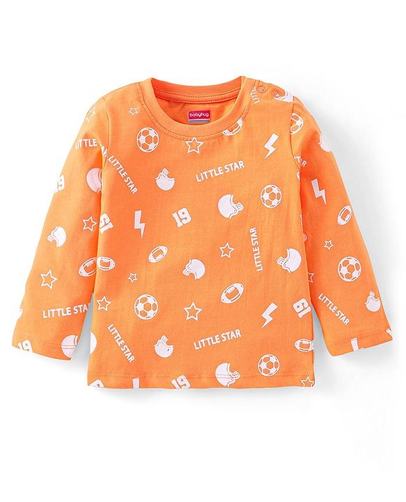 Babyhug Cotton Knit Full Sleeves Night Suit with Sports Print - Orange