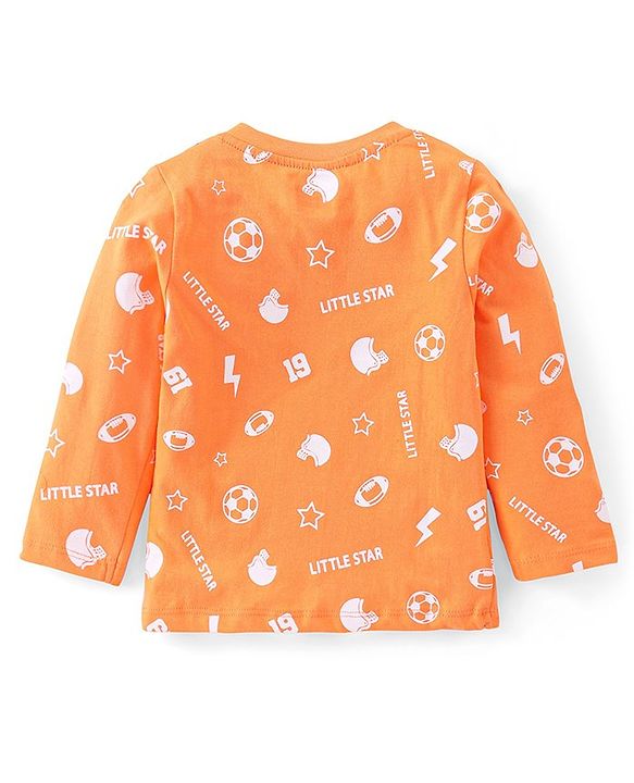 Babyhug Cotton Knit Full Sleeves Night Suit with Sports Print - Orange