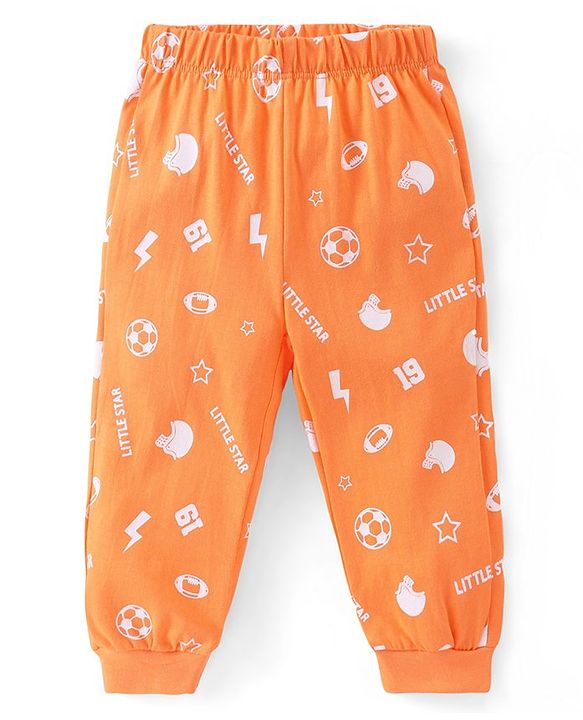 Babyhug Cotton Knit Full Sleeves Night Suit with Sports Print - Orange