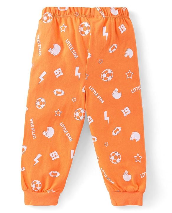Babyhug Cotton Knit Full Sleeves Night Suit with Sports Print - Orange