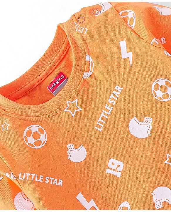 Babyhug Cotton Knit Full Sleeves Night Suit with Sports Print - Orange