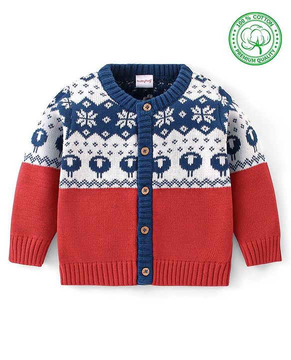 Babyhug Organic Cotton Full Sleeves Intarsia Design Front Open Sweater - Navy Blue & Red