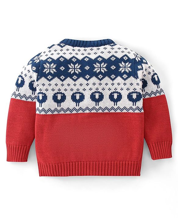 Babyhug Organic Cotton Full Sleeves Intarsia Design Front Open Sweater - Navy Blue & Red