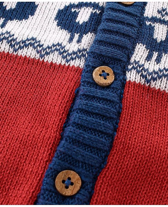 Babyhug Organic Cotton Full Sleeves Intarsia Design Front Open Sweater - Navy Blue & Red