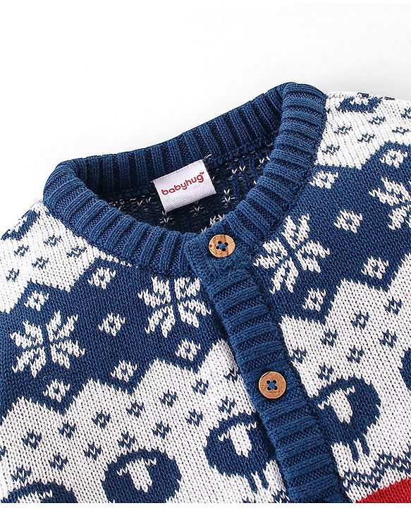 Babyhug Organic Cotton Full Sleeves Intarsia Design Front Open Sweater - Navy Blue & Red