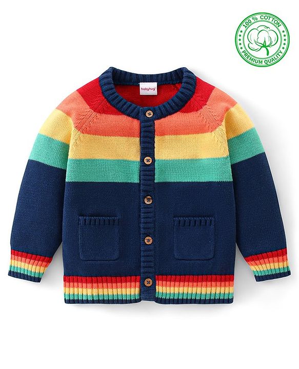 Babyhug Organic Cotton Full Sleeves Front Open Colour Block Design  Sweater -Blue Red & Green