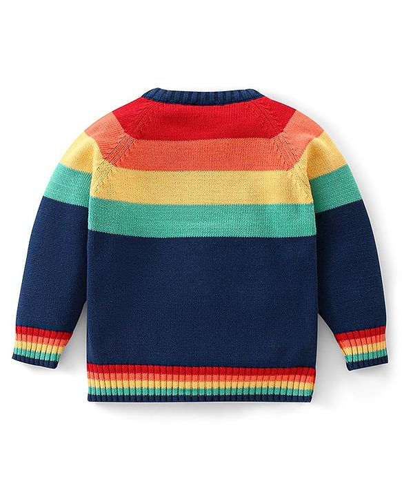 Babyhug Organic Cotton Full Sleeves Front Open Colour Block Design  Sweater -Blue Red & Green
