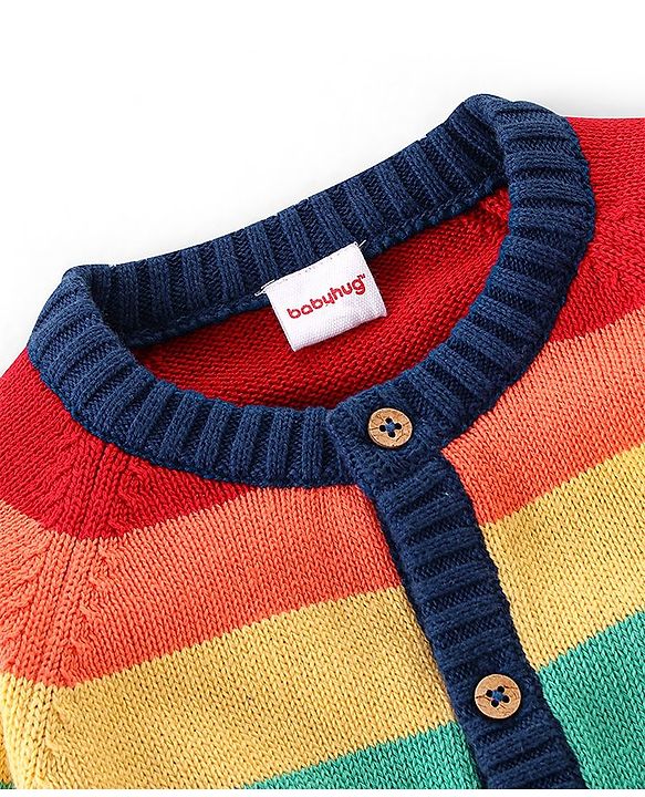 Babyhug Organic Cotton Full Sleeves Front Open Colour Block Design  Sweater -Blue Red & Green