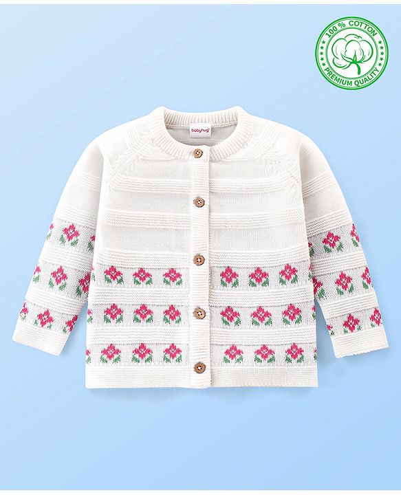 Babyhug Organic Cotton Full Sleeves Front Open Floral Design Sweater - White & Pink