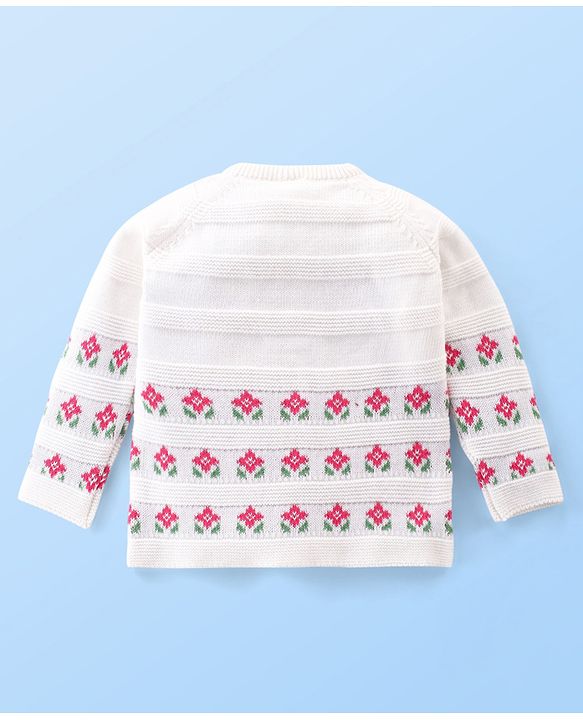 Babyhug Organic Cotton Full Sleeves Front Open Floral Design Sweater - White & Pink