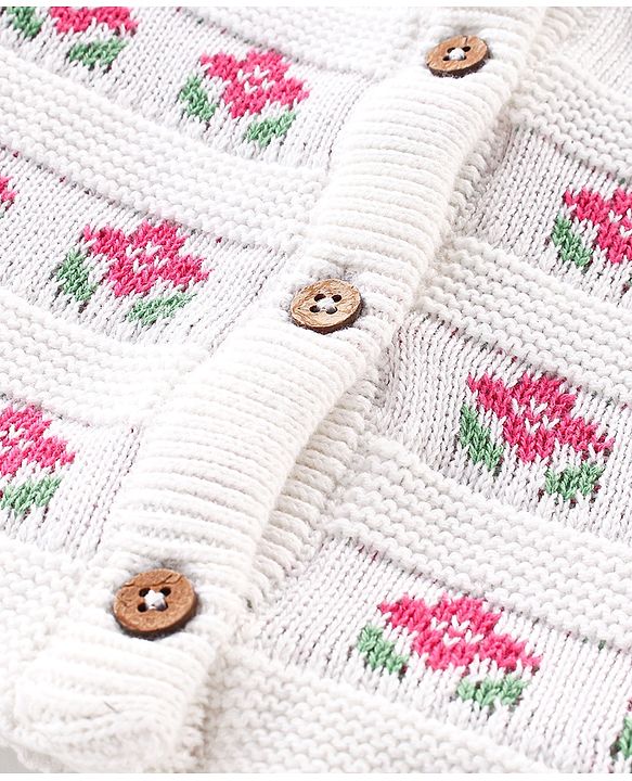 Babyhug Organic Cotton Full Sleeves Front Open Floral Design Sweater - White & Pink