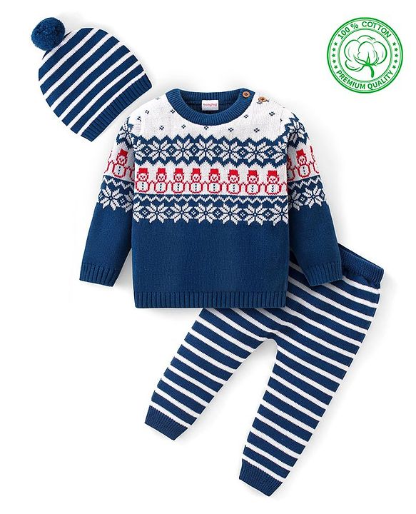 Babyhug 100% Organic Cotton Full Sleeves Sweater Set With Cap Intarsia Design- Blue