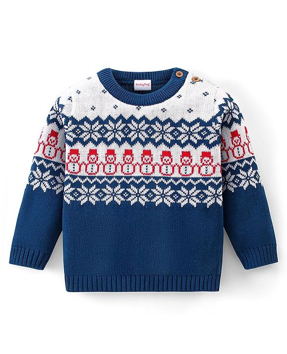 Babyhug 100% Organic Cotton Full Sleeves Sweater Set With Cap Intarsia Design- Blue