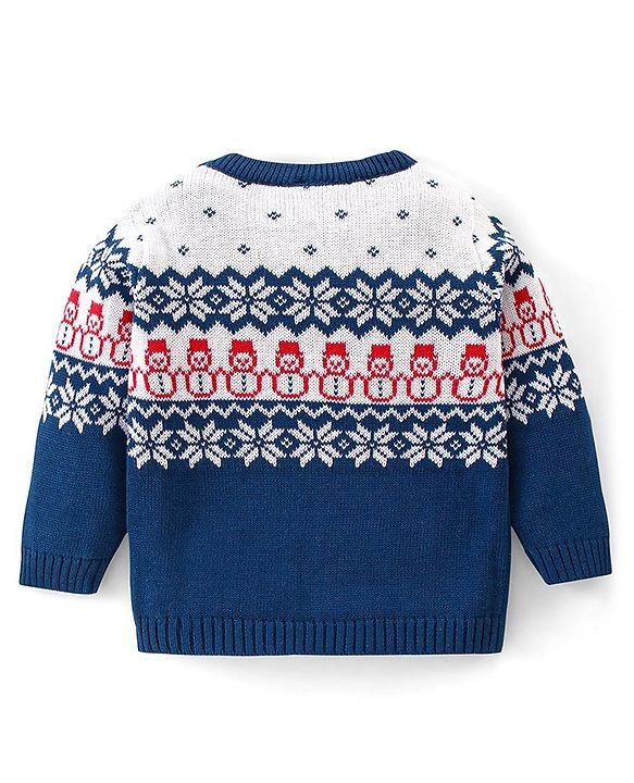 Babyhug 100% Organic Cotton Full Sleeves Sweater Set With Cap Intarsia Design- Blue