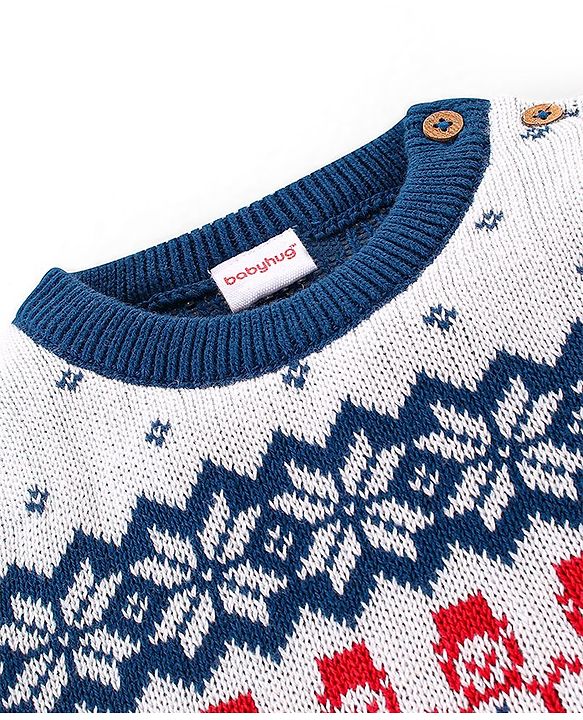 Babyhug 100% Organic Cotton Full Sleeves Sweater Set With Cap Intarsia Design- Blue