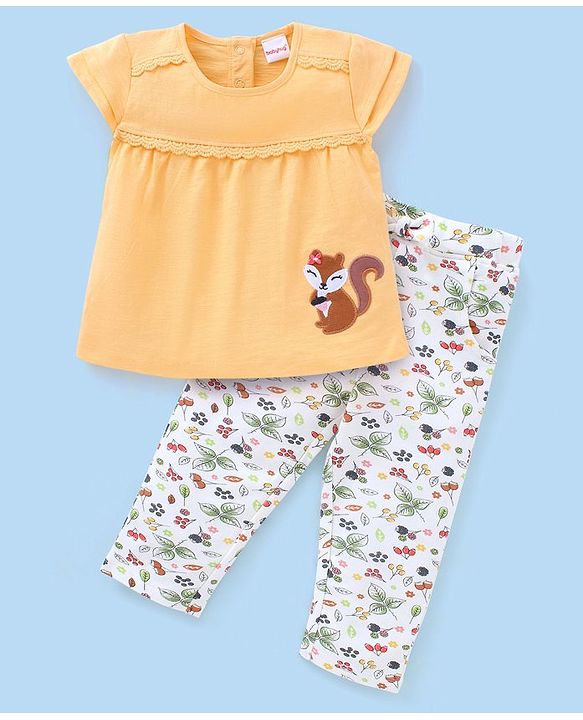 Babyhug 100% Cotton Knit Half Sleeves Top and Legging Set With Squirrel Patch & Fruits Print - Yellow & White