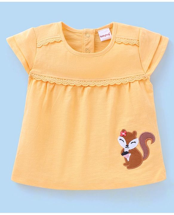 Babyhug 100% Cotton Knit Half Sleeves Top and Legging Set With Squirrel Patch & Fruits Print - Yellow & White