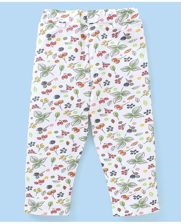 Babyhug 100% Cotton Knit Half Sleeves Top and Legging Set With Squirrel Patch & Fruits Print - Yellow & White