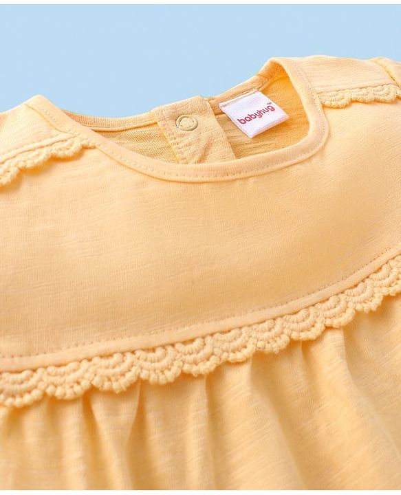 Babyhug 100% Cotton Knit Half Sleeves Top and Legging Set With Squirrel Patch & Fruits Print - Yellow & White