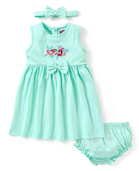 Babyhug 100% Cotton Sleeveless Frock with Bloomer and Headband Floral Embroidery - Green