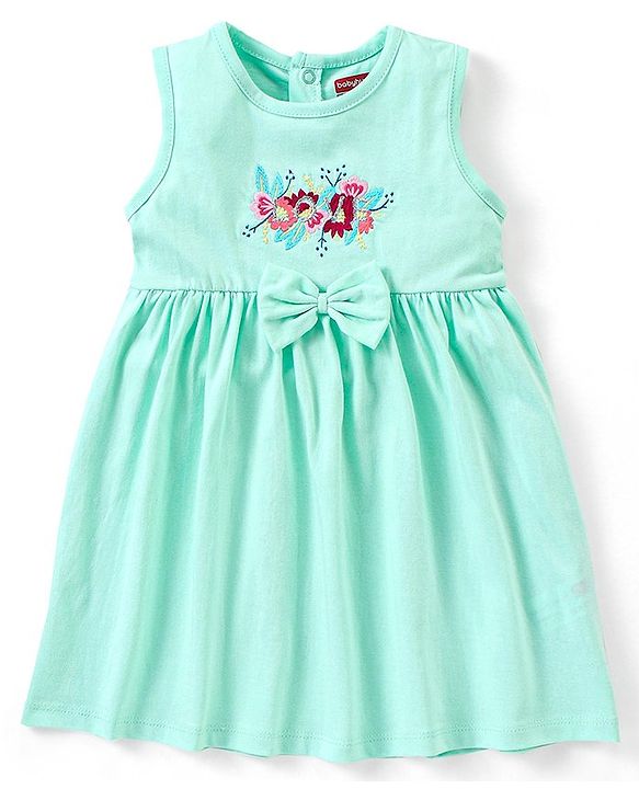 Babyhug 100% Cotton Sleeveless Frock with Bloomer and Headband Floral Embroidery - Green