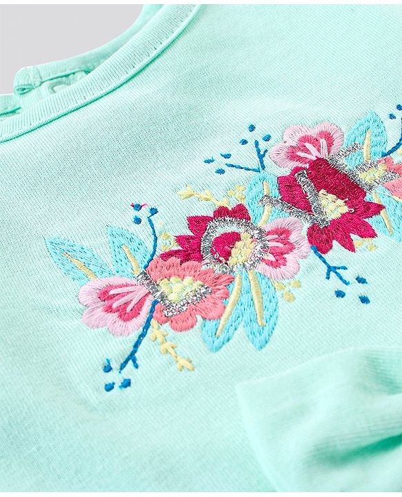 Babyhug 100% Cotton Sleeveless Frock with Bloomer and Headband Floral Embroidery - Green