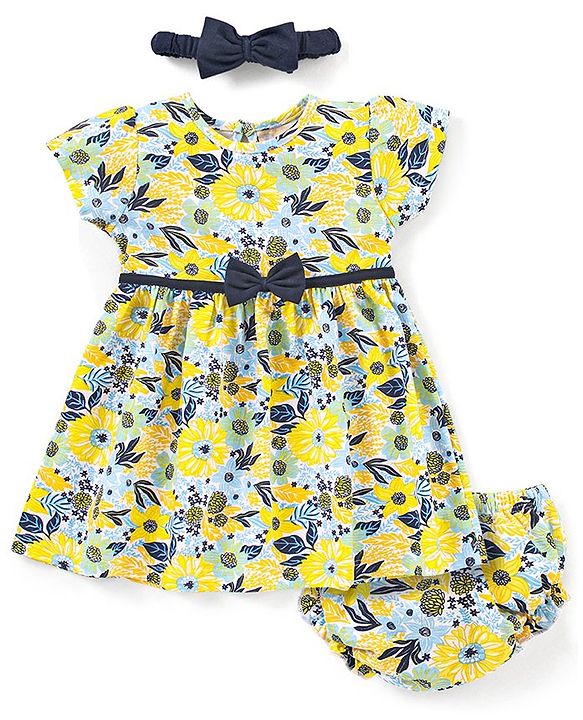 Babyhug 100% Cotton Short Sleeves Frock With Bloomer Headband & Floral Print - White & Yellow