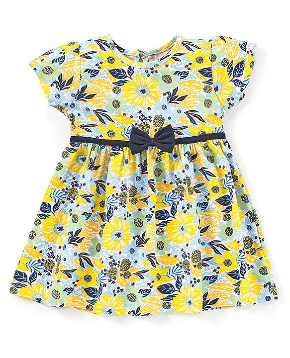 Babyhug 100% Cotton Short Sleeves Frock With Bloomer Headband & Floral Print - White & Yellow
