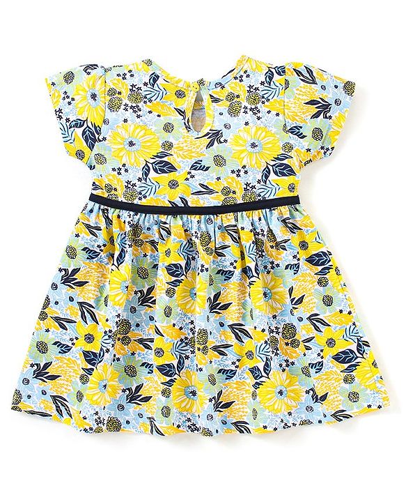 Babyhug 100% Cotton Short Sleeves Frock With Bloomer Headband & Floral Print - White & Yellow
