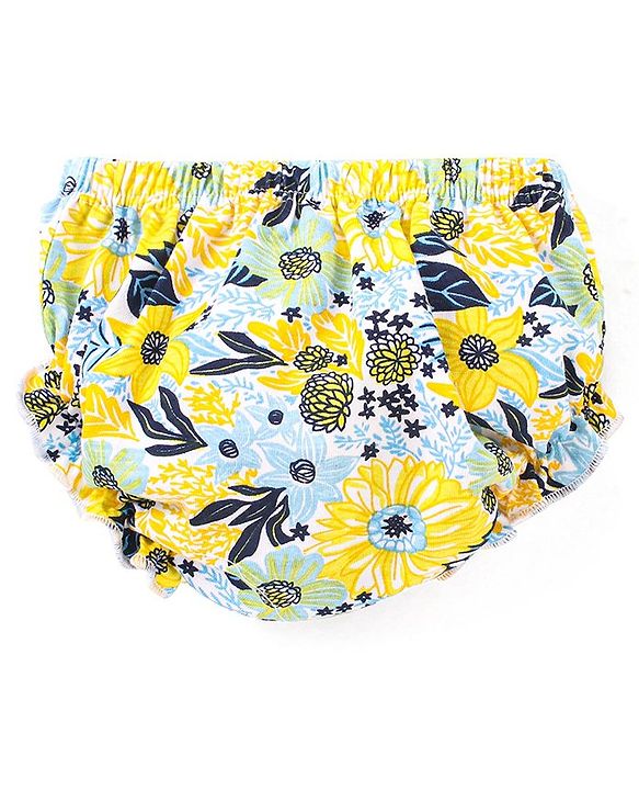 Babyhug 100% Cotton Short Sleeves Frock With Bloomer Headband & Floral Print - White & Yellow