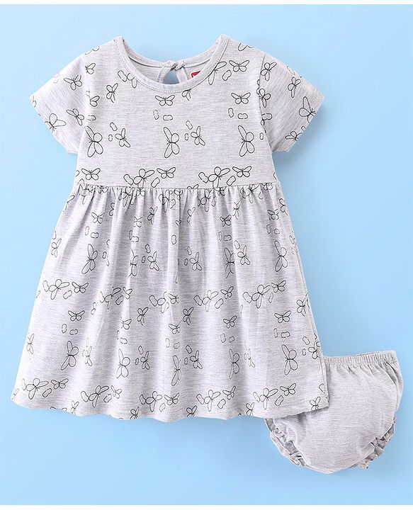 Babyhug 100% Cotton Knit Half Sleeves Frock With Bloomer Butterfly Print - Grey