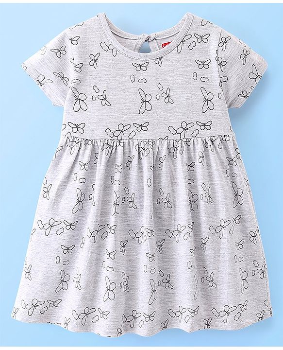 Babyhug 100% Cotton Knit Half Sleeves Frock With Bloomer Butterfly Print - Grey