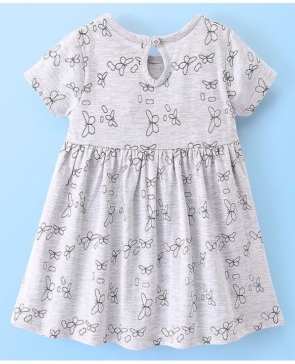 Babyhug 100% Cotton Knit Half Sleeves Frock With Bloomer Butterfly Print - Grey