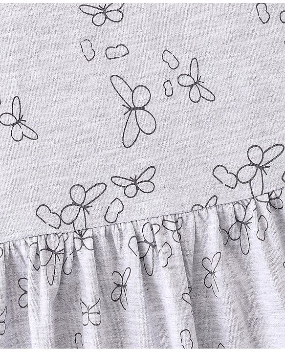 Babyhug 100% Cotton Knit Half Sleeves Frock With Bloomer Butterfly Print - Grey