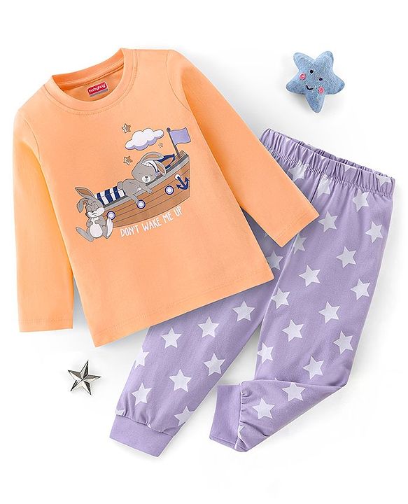 Babyhug Cotton Full Sleeves Night Suit Bunny & Stars Print- Peach & Lavender