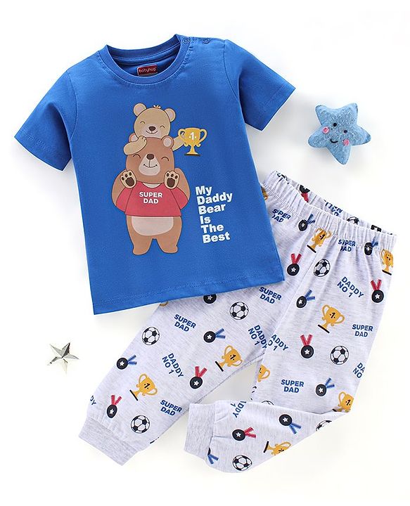 Babyhug Cotton Knit Half Sleeves Striped Night Suit Teddy Print - Blue & Ecru Melange