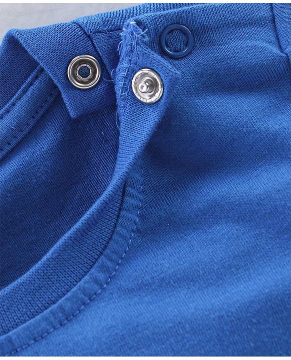 Babyhug Cotton Knit Half Sleeves Striped Night Suit Teddy Print - Blue & Ecru Melange
