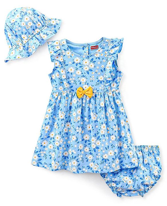 Babyhug 100% Cotton Knit Frill Sleeves Frock with Bloomers & Cap Floral Print - Blue