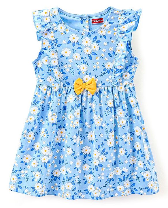 Babyhug 100% Cotton Knit Frill Sleeves Frock with Bloomers & Cap Floral Print - Blue