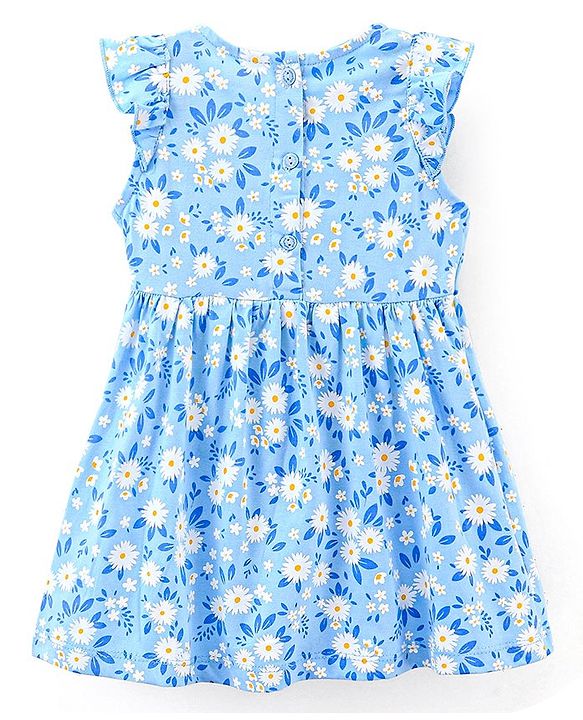 Babyhug 100% Cotton Knit Frill Sleeves Frock with Bloomers & Cap Floral Print - Blue