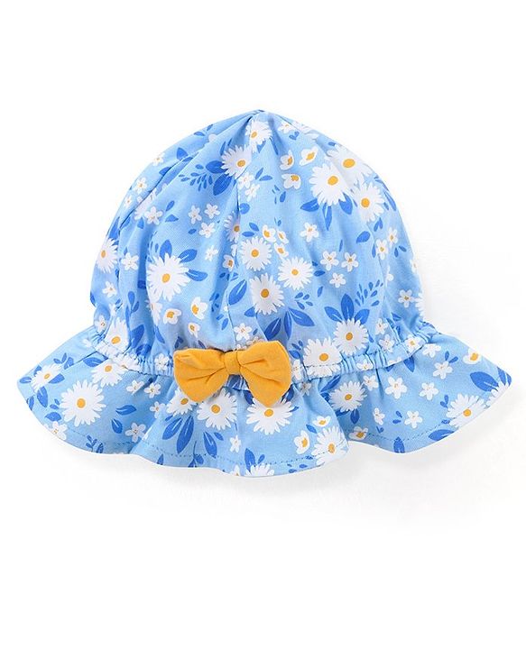 Babyhug 100% Cotton Knit Frill Sleeves Frock with Bloomers & Cap Floral Print - Blue