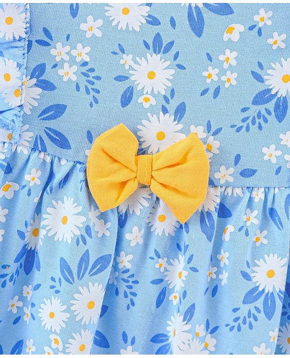 Babyhug 100% Cotton Knit Frill Sleeves Frock with Bloomers & Cap Floral Print - Blue