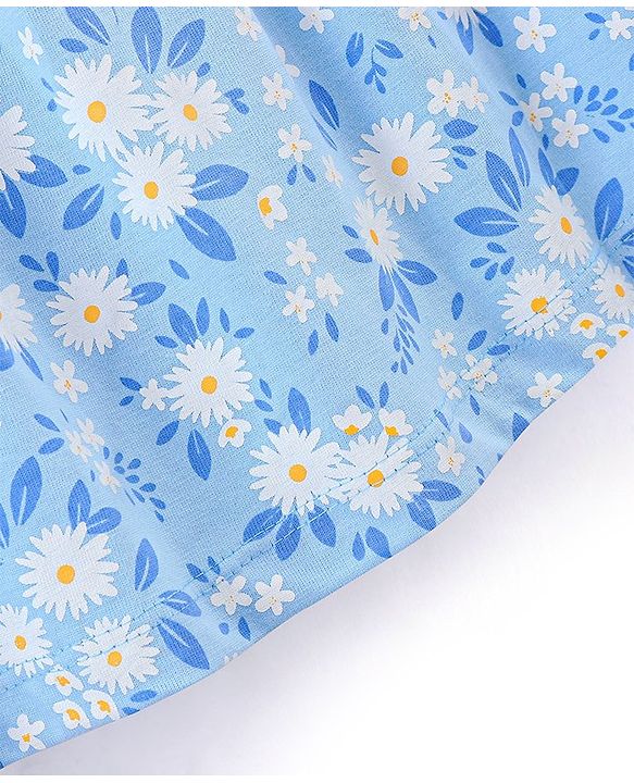 Babyhug 100% Cotton Knit Frill Sleeves Frock with Bloomers & Cap Floral Print - Blue